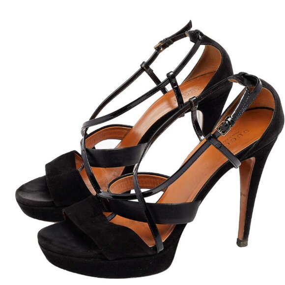 NEW Gucci Black Suede Platform Heels Size 8.5, Designer Party Formal Sandals